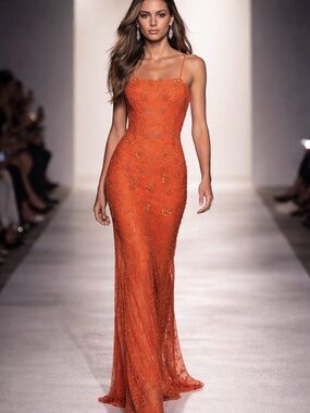 ❤️ Vintage Luxury  Elegant Orange Beaded Long evening Gown Size Small